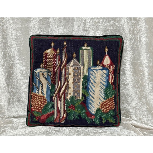 No Brand Other - Vintage Christmas Candle Tapestry Accent Pillow Cozy Holiday Decor 18" x 18"